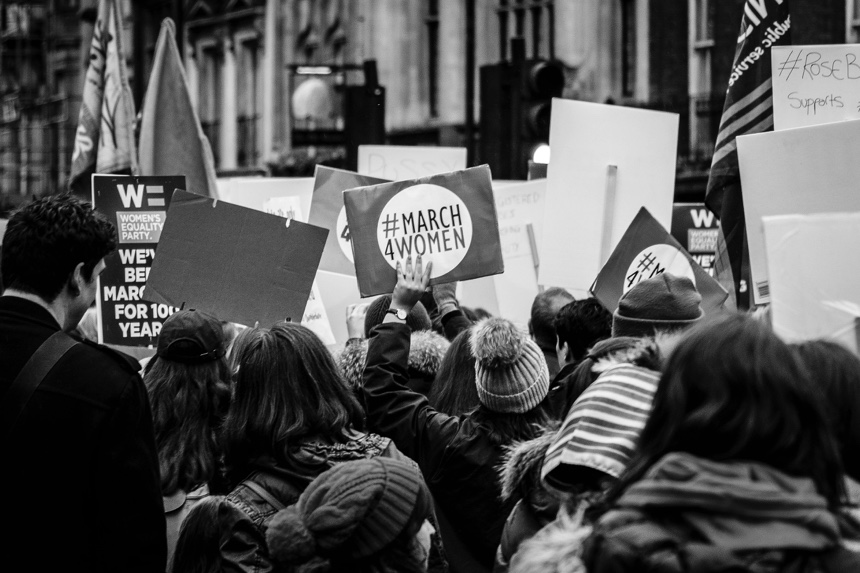 Demonstrators at a Women's March in Trafalgar Square, London.