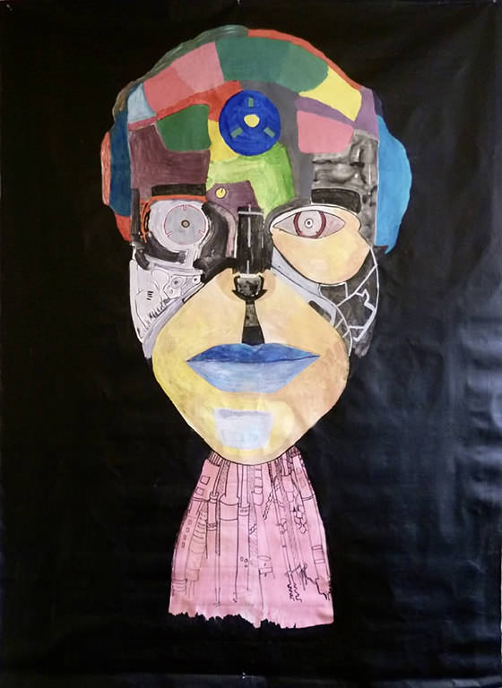 Painting of face made up of different coloured parts.