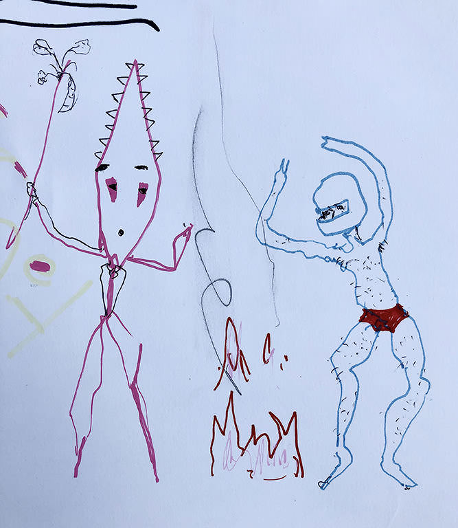 Drawing of two mythical figures dancing around a fire.