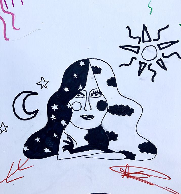Portrait of a woman with the moon and the sun. Her hair is made of stars and clouds.