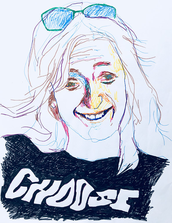 Coloured portrait of a woman with glasses on her head, wearing a t-shirt that says Choose.