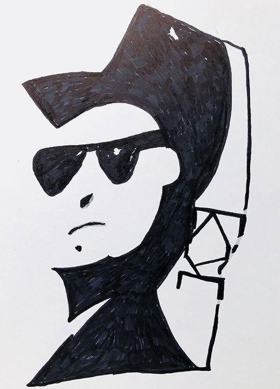 Drawing in black and white of a man wearing sunglasses and a hat.