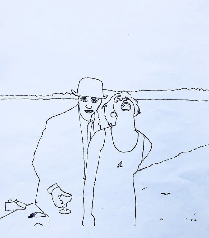 Black and white drawing of a couple laughing.