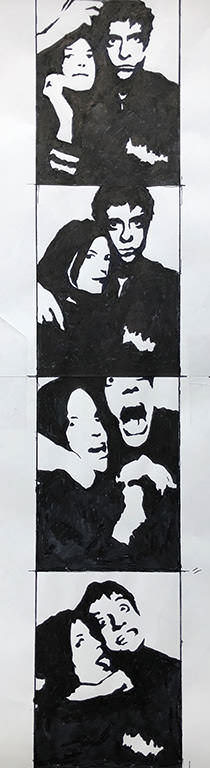 Black and white photostrip of two people in a photo boot.